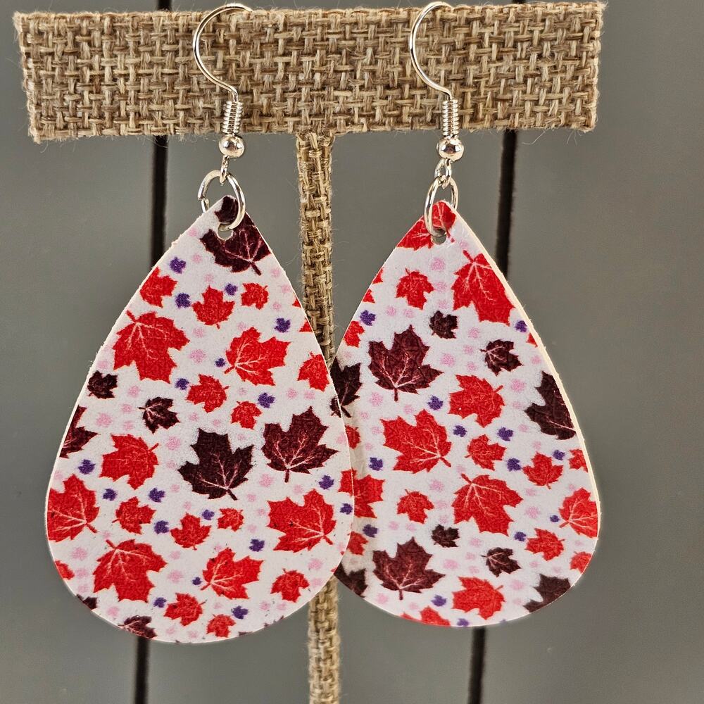 Earrings Fall Maple Leaf Print Dangle Boho 2.25" Red Brown Faux Leather Teardrop